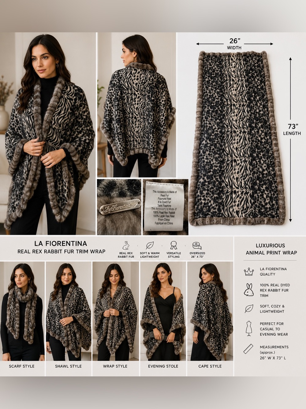 La Fiorentina Real Rex Rabbit Fur Trim Animal Print Wrap Shawl Scarf 26" x 73"